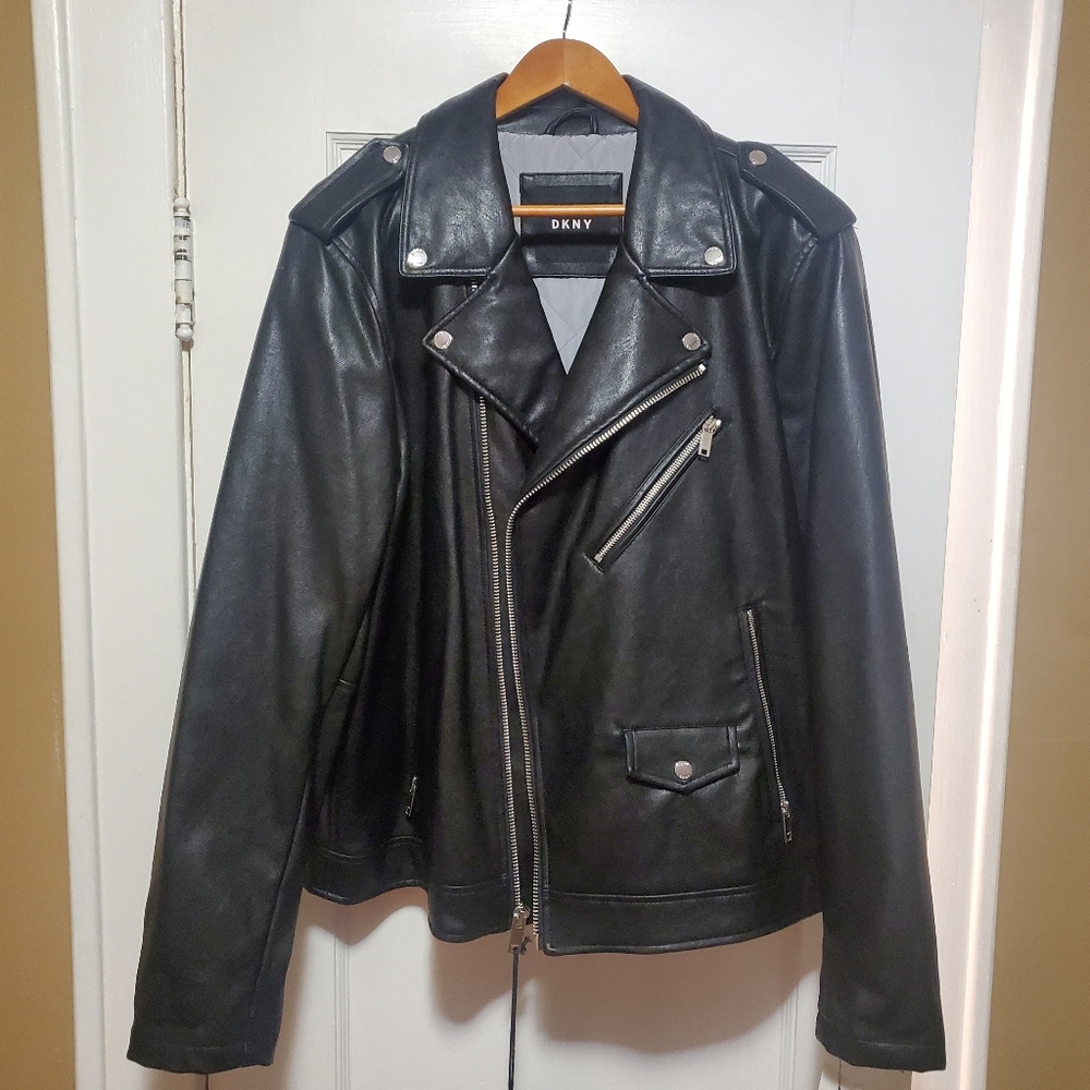 Men's DKNY black asymmetrical faux leather jacket